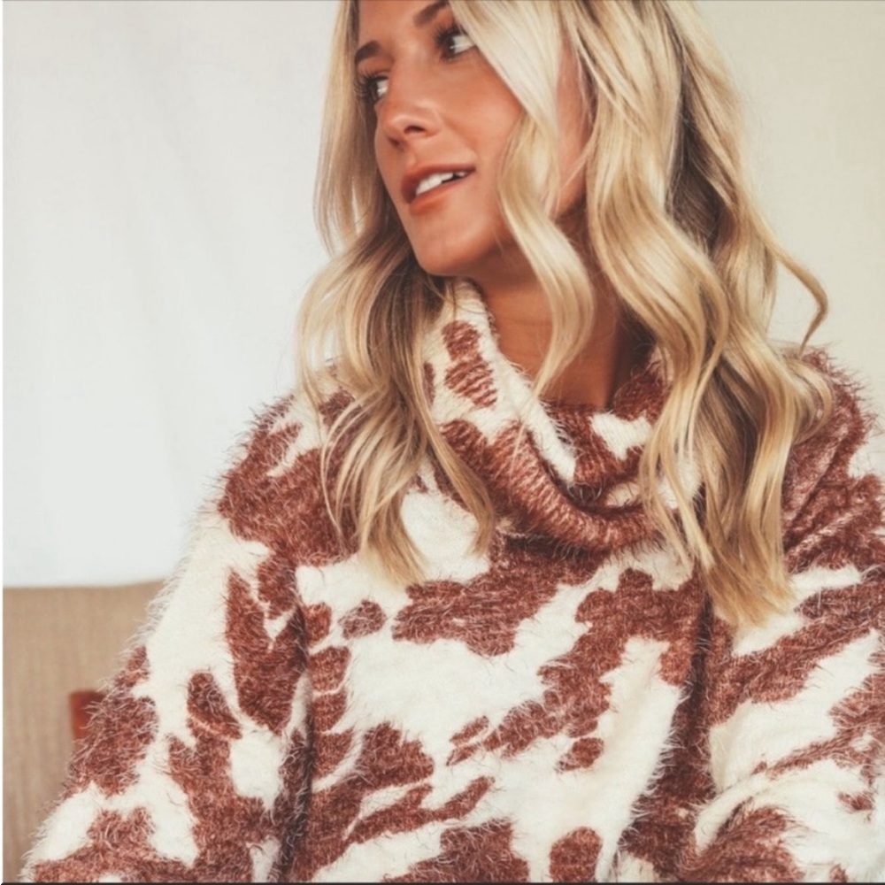 SHOW ME YOUR MUMU Frances Holy Cow Print Cowl Neck Fuzzy Sweater 🐄